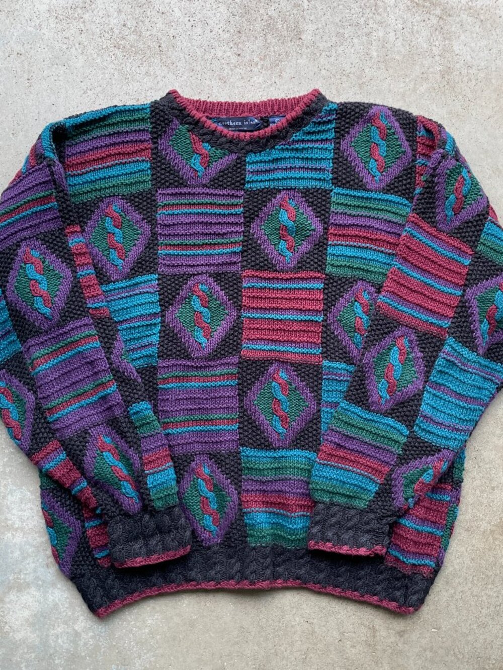 Vintage Northern Isles Hand Knit Abstract Puzzle Art Multicolor Sweater Men's XL